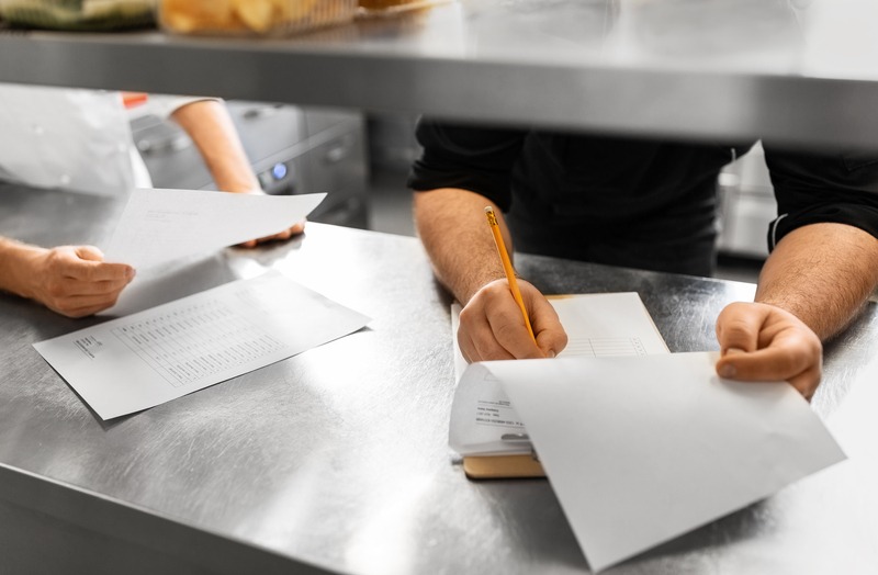 Chef met klembordpapier die de inkooplijst invult