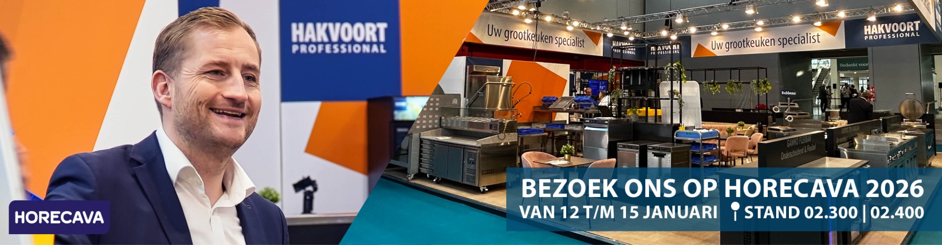 Promotiebeeld van Hakvoort Professional voor Horecava 2026, met collega’s in gesprek op de beurs en een overzicht van de grootkeukenstand, inclusief datum en standnummers 02.300 en 02.400.