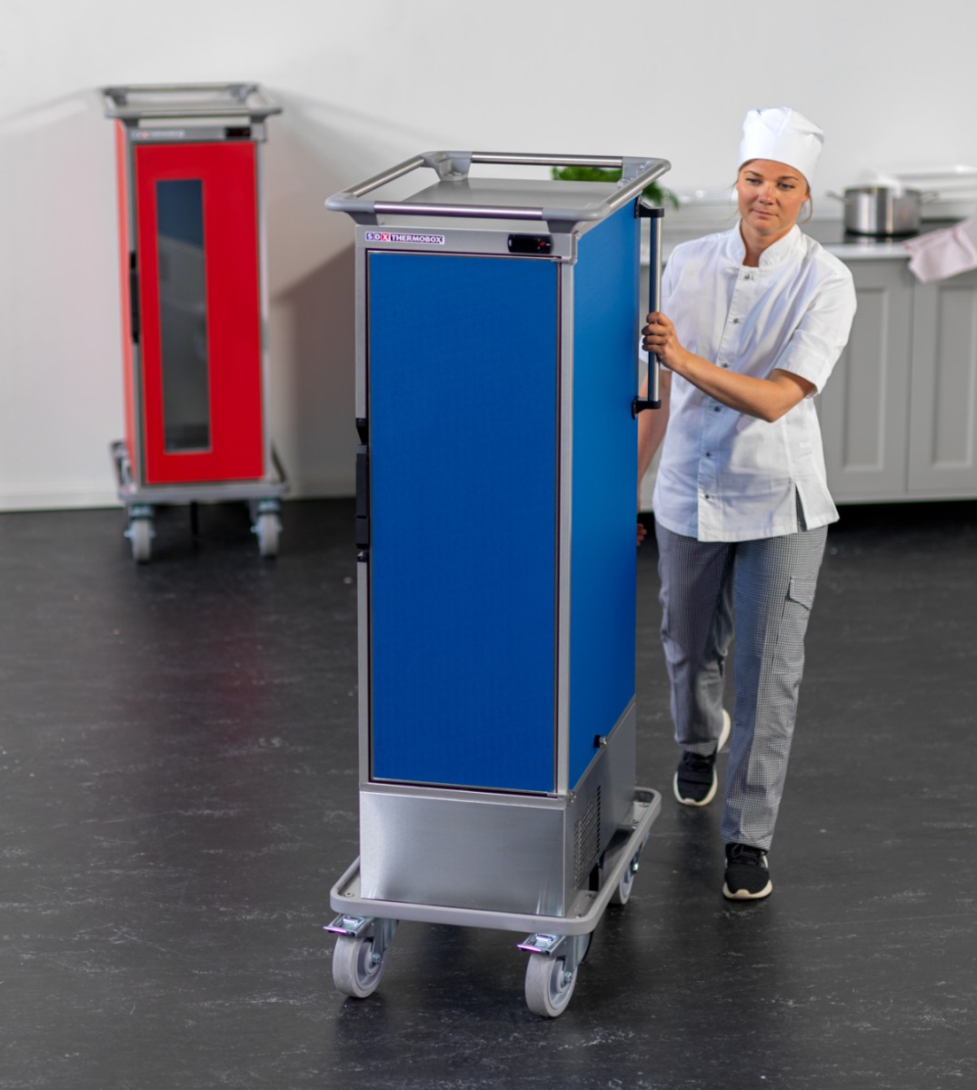 vrouw die een hoge, blauwe SDX thermobox vervoert